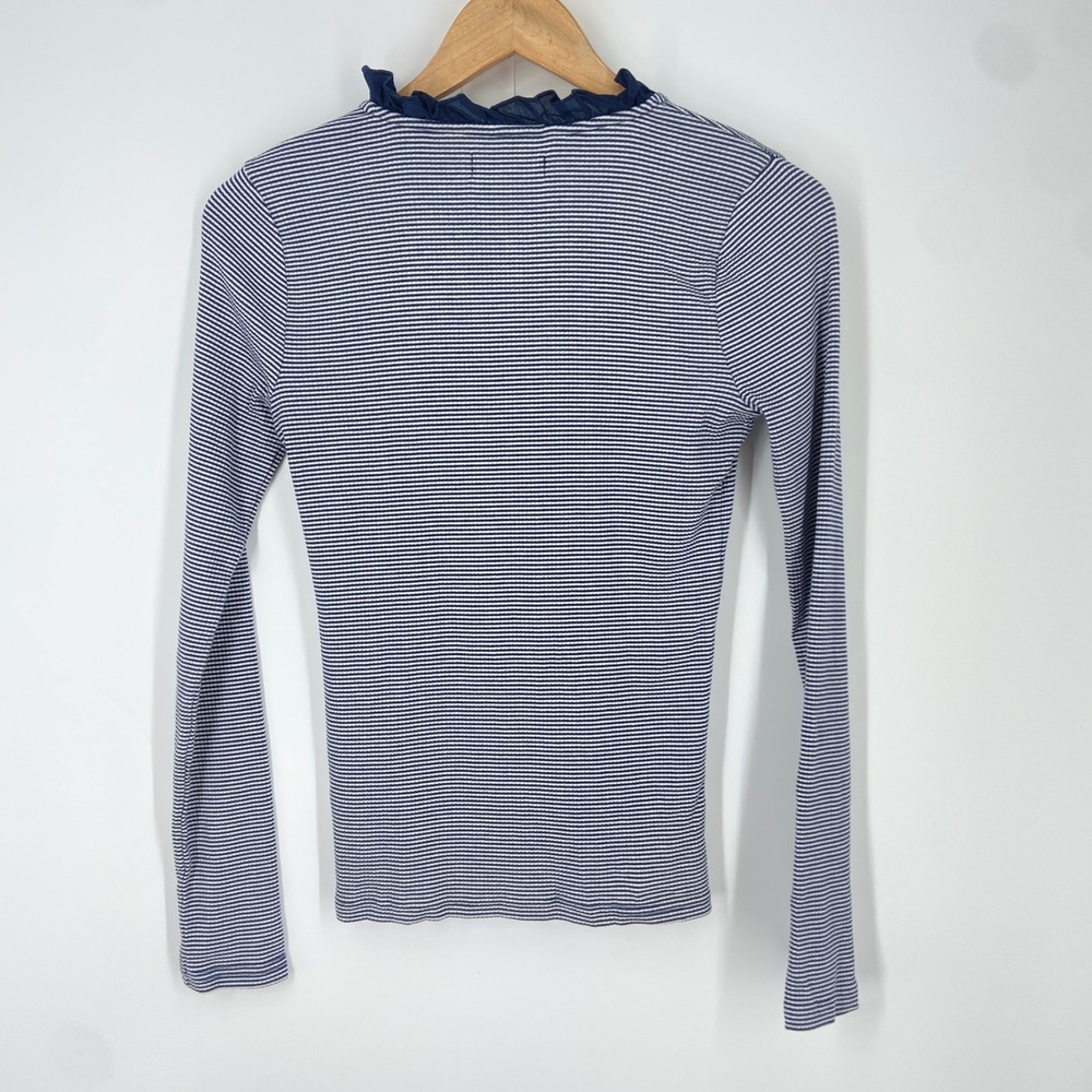 J. Crew XS BP053 Ruffle-collar LS shirt in‎ striped vintage rib Navy White - Picture 7 of 9
